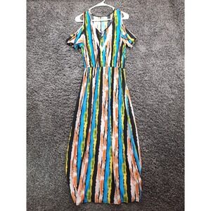 OB Fashion Dress Women Large Blue Stripe Cold Shoulder Blouson Short Sleeve